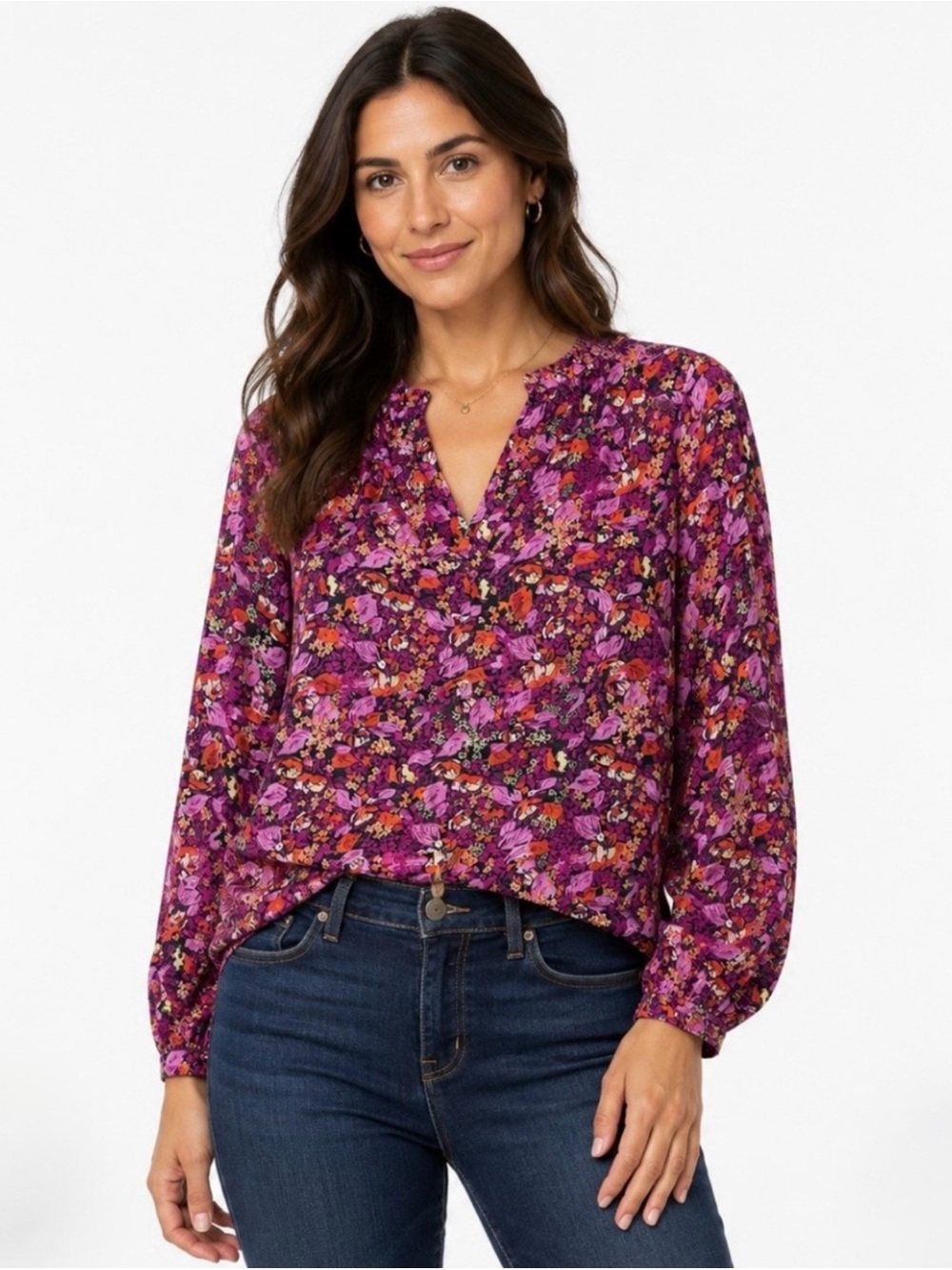 FRNCH PARIS | Pink‎ Floral Split-Neck Ruffle Detail Top Blouse Sz. Small